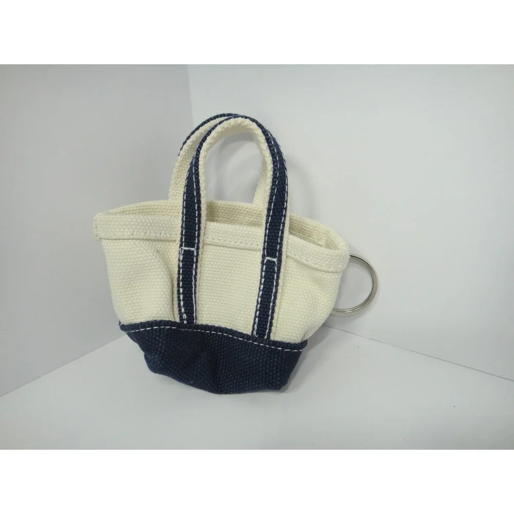Lands End Mini Canvas Tote Bag Keychain Navy Blue Cream Nautical Bag Charm EUC